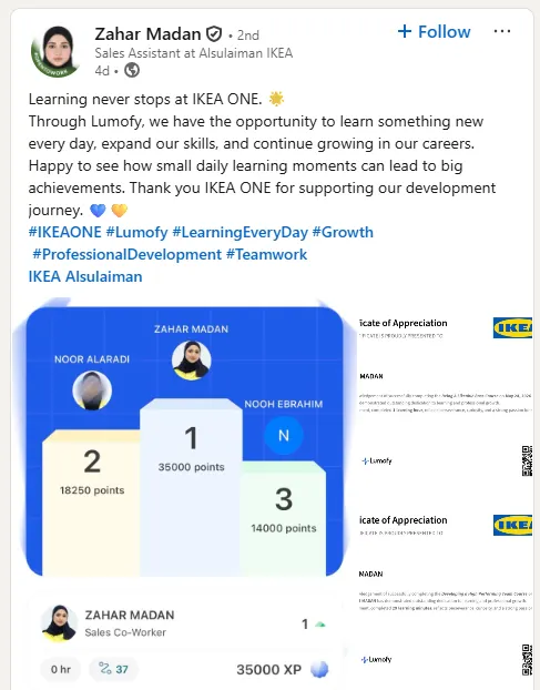Zahar Madan's LinkedIn post: Learning never stops at IKEA ONE — through Lumofy we learn something new every day.