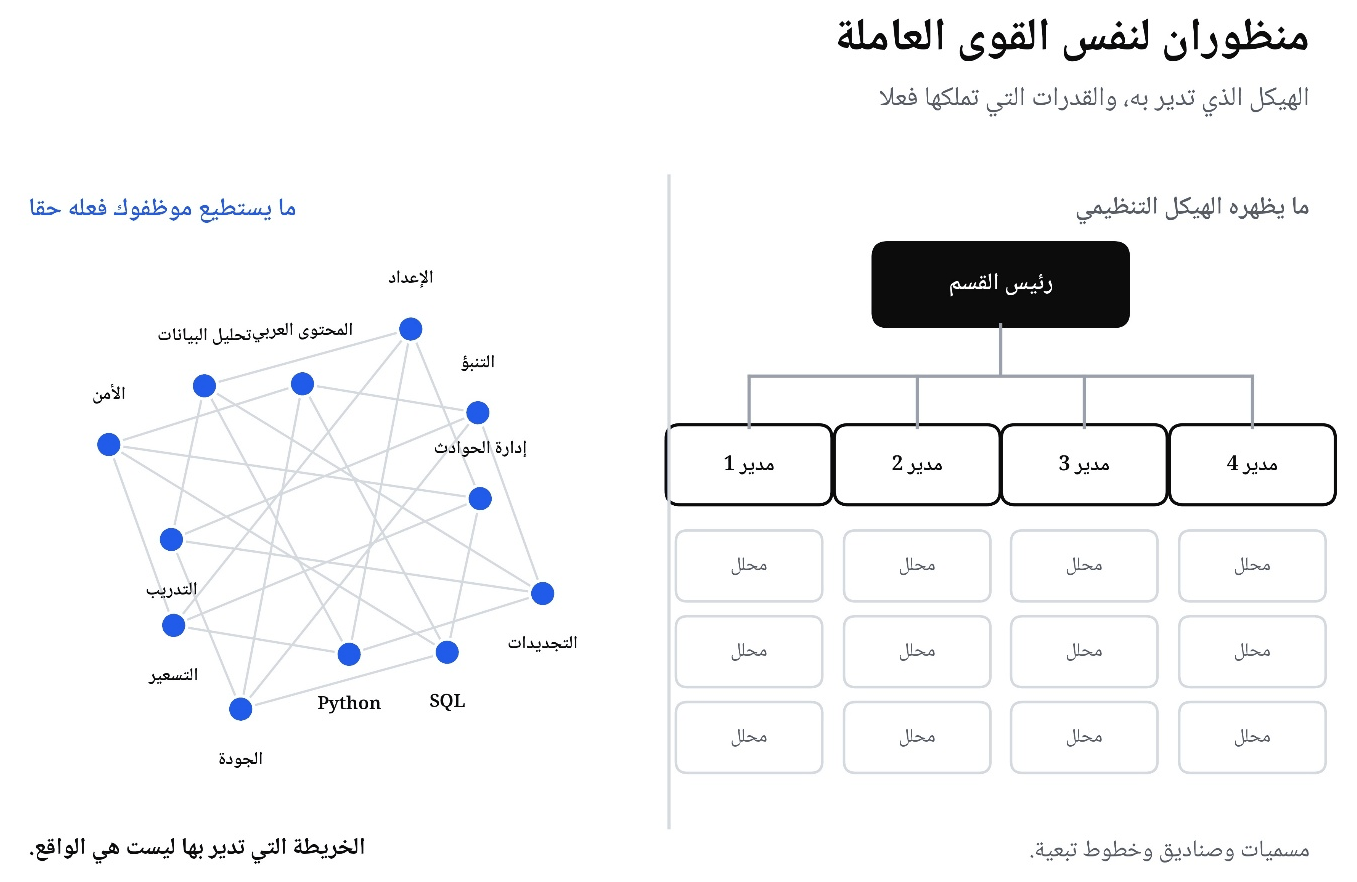 منظوران لنفس القوى العاملة: الهيكل التنظيمي الذي تُدار به المؤسسة، إلى جانب الشبكة الكثيفة من المهارات التي يمتلكها الأفراد فعلاً